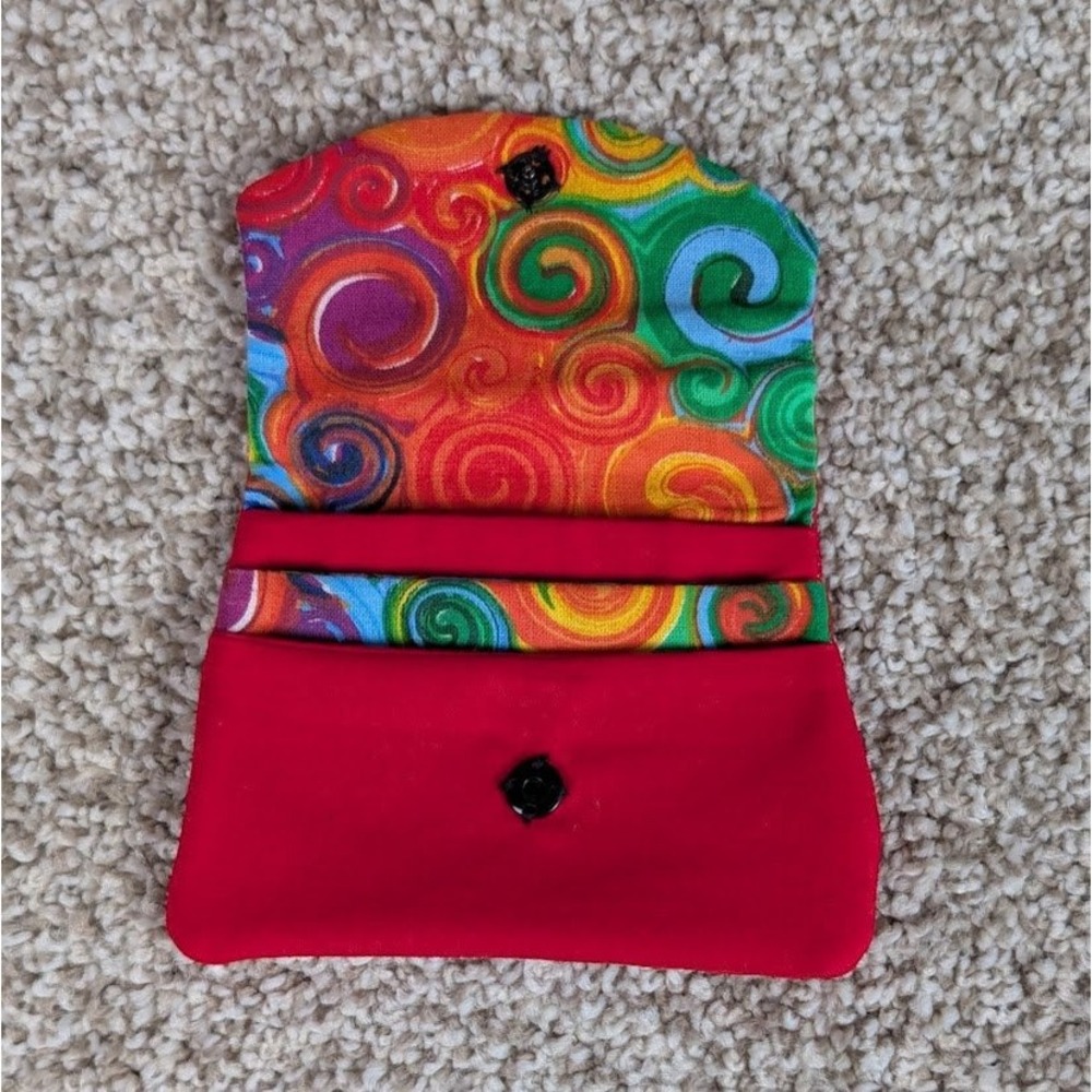 Handmade Red Fabric Pocket Wallet Rainbow Psychedelic Swirl Card Holder Snap - Picture 3 of 6